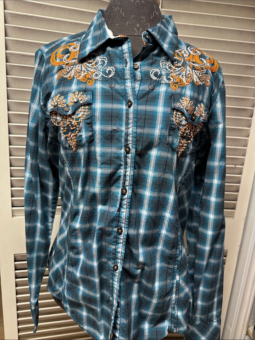 Grace in LA Teal Plaid Button-Down with Gold Embroidery